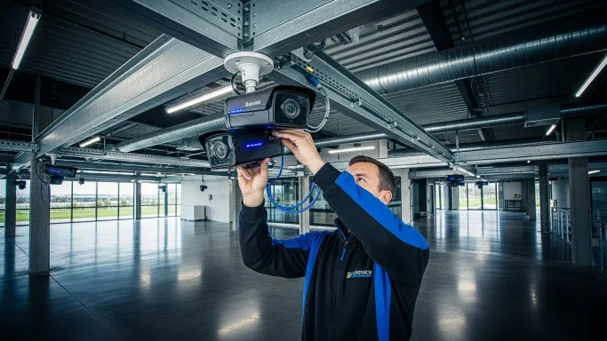 Technician installing CCTV cameras